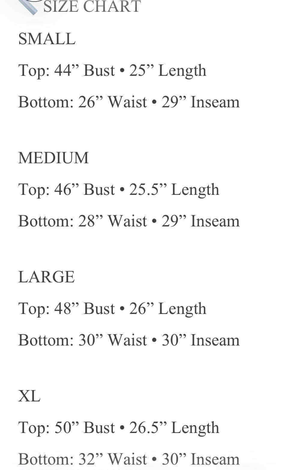 HARBORLINE 2 PIECE PANTS SET size chart detailing measurements for Small, Medium, Large, and XL sizes.