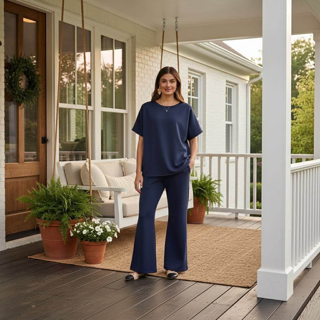 HARBORLINE 2 PIECE PANTS SET in navy, model showcasing the relaxed fit on a porch with plants.
