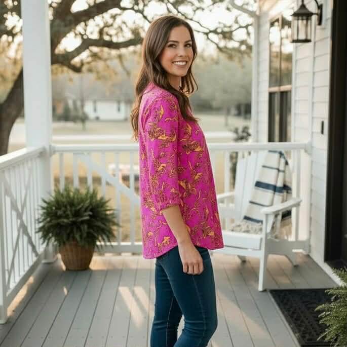 DYNAMIC STYLE TOP - Dear Scarlett (pink) featuring a model in a vibrant pink blouse on a porch.