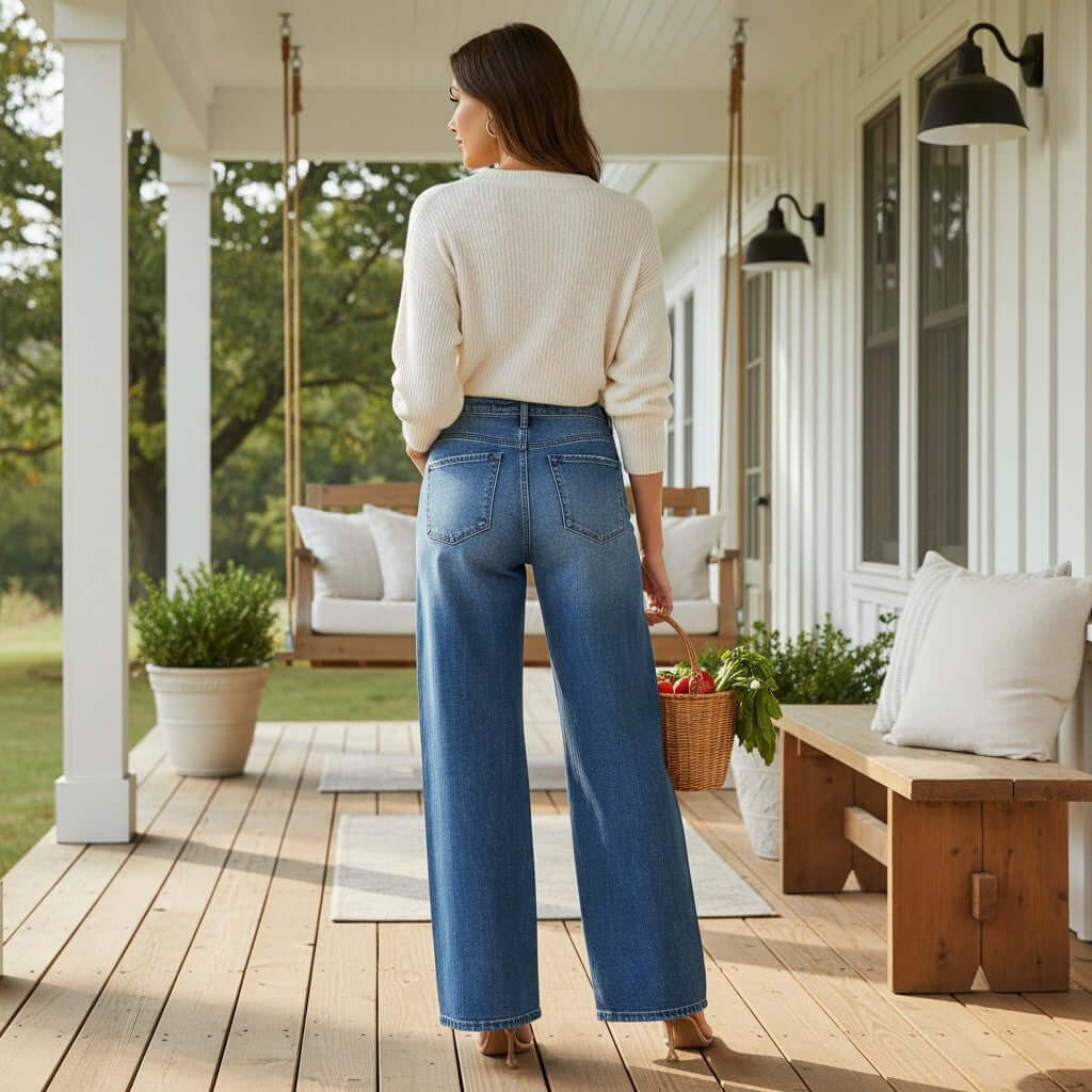 Model wearing RISEN KAI WIDE LEG JEANS, showcasing the relaxed fit and midrise design on a porch.