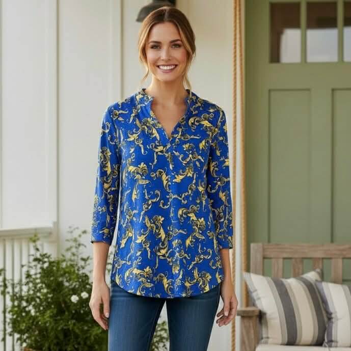 DYNAMIC STYLE TOP - Dear Scarlett (blue) featuring vibrant print and split neckline, perfect for everyday wear.