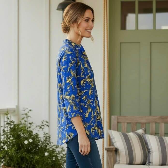 DYNAMIC STYLE TOP - Dear Scarlett (blue) model wearing vibrant print blouse with split neckline.