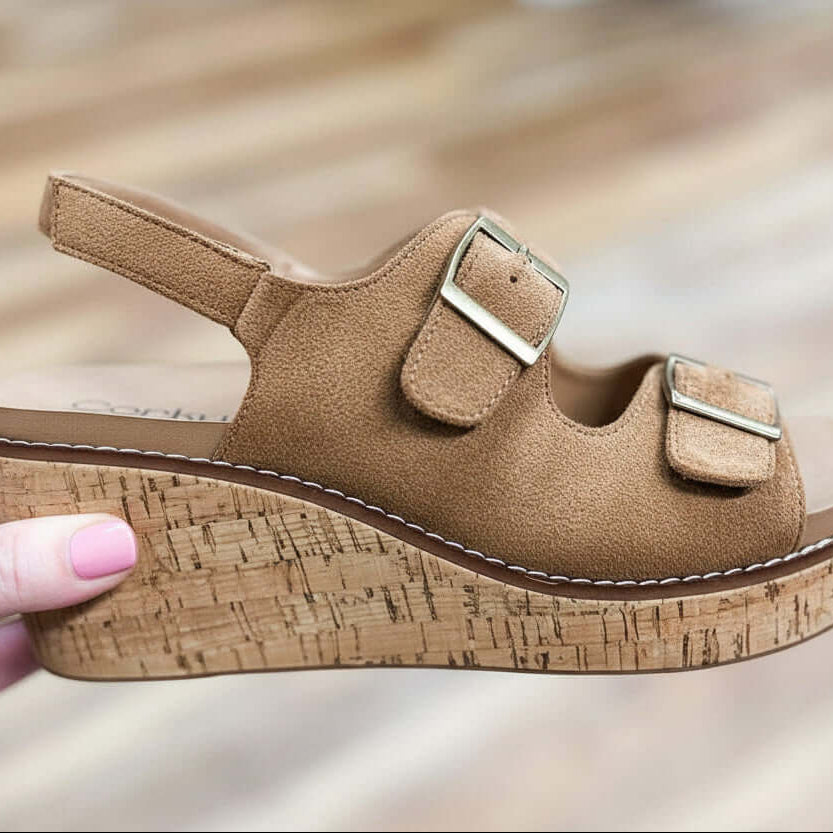 CORKYS MY 2 CENTS WEDGE (brwn) featuring a tobacco faux suede upper and cork wedge sole for comfort and style.