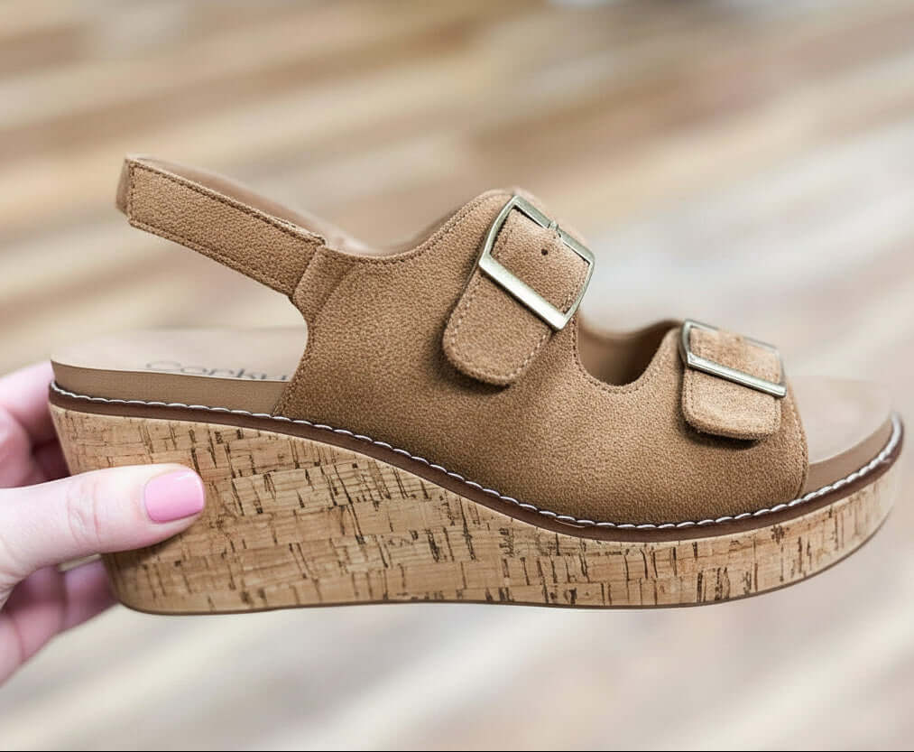 CORKYS MY 2 CENTS WEDGE (brwn) brown faux suede wedge sandal with cork sole and buckle straps.