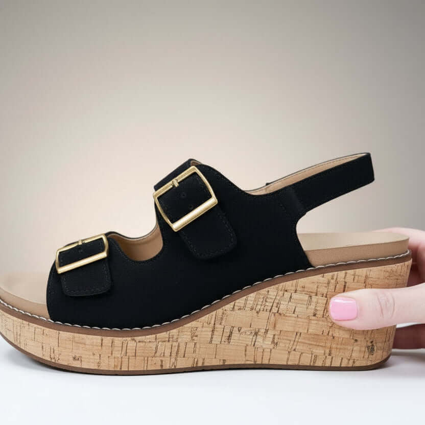 CORKYS MY 2 CENTS WEDGE (blk) side view showcasing black faux suede and cork wedge design.