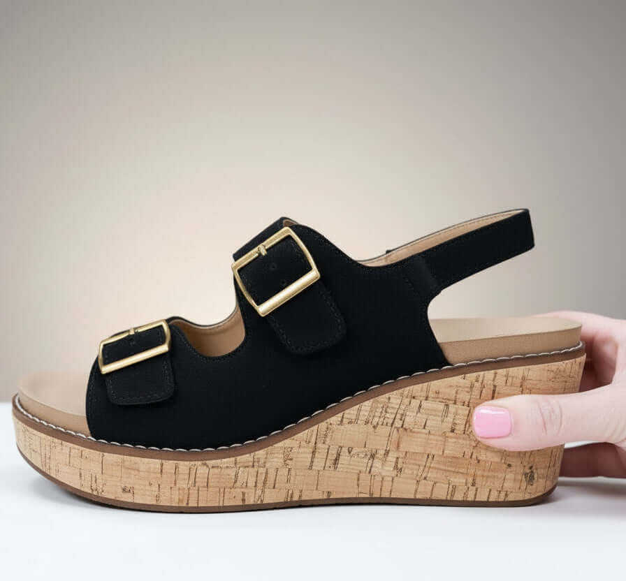 CORKYS MY 2 CENTS WEDGE (blk) black faux suede sandals with cork wedge and adjustable buckles.