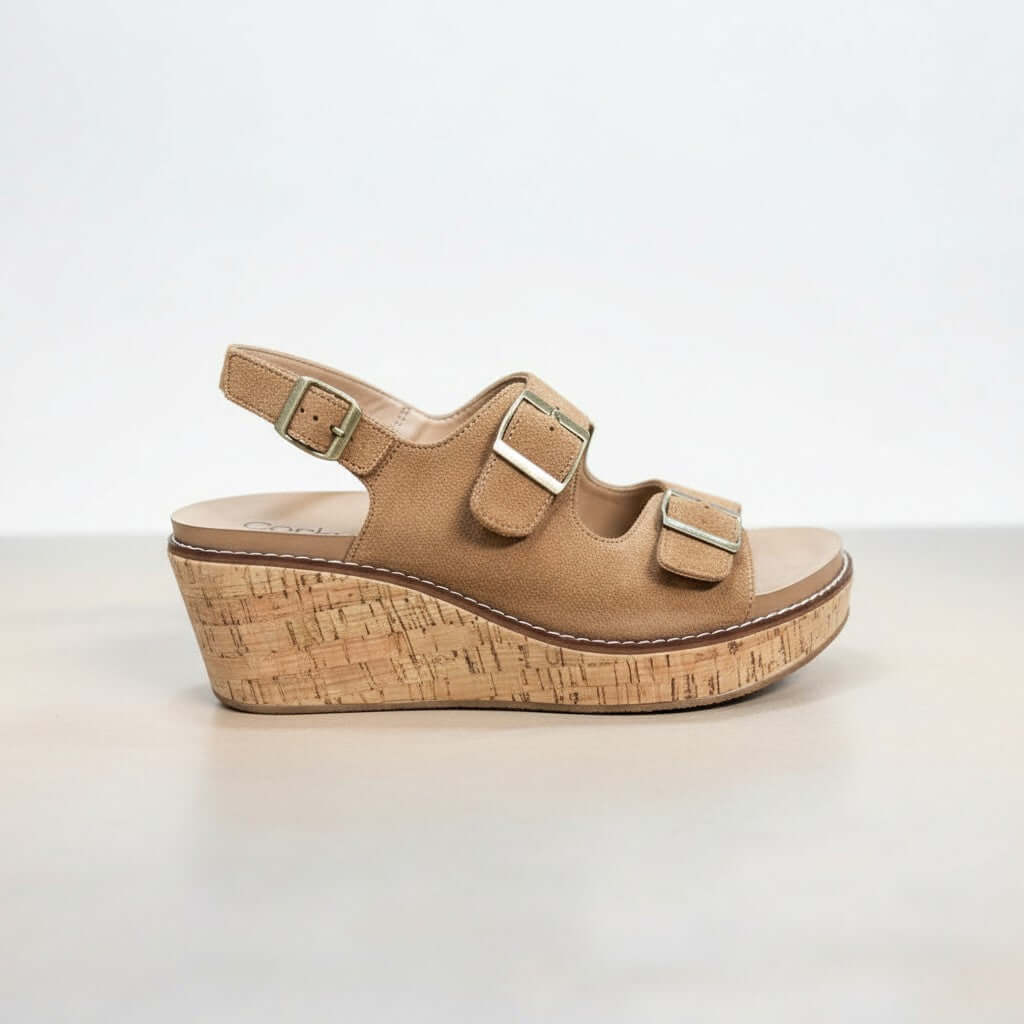 CORKYS MY 2 CENTS WEDGE (brwn) - Tobacco faux suede wedge sandals with adjustable straps and cushioned footbed.