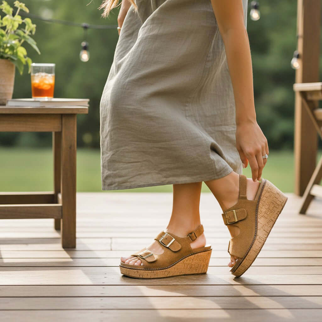 CORKYS MY 2 CENTS WEDGE (brwn) worn with a summer dress, showcasing a stylish outdoor setting with comfortable cork wedge sandals.