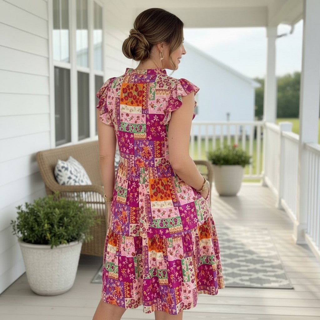 STATEMENT PIECE DRESS - Dear Scarlett on a woman, showcasing vibrant patchwork floral print in pinks and warm tones.