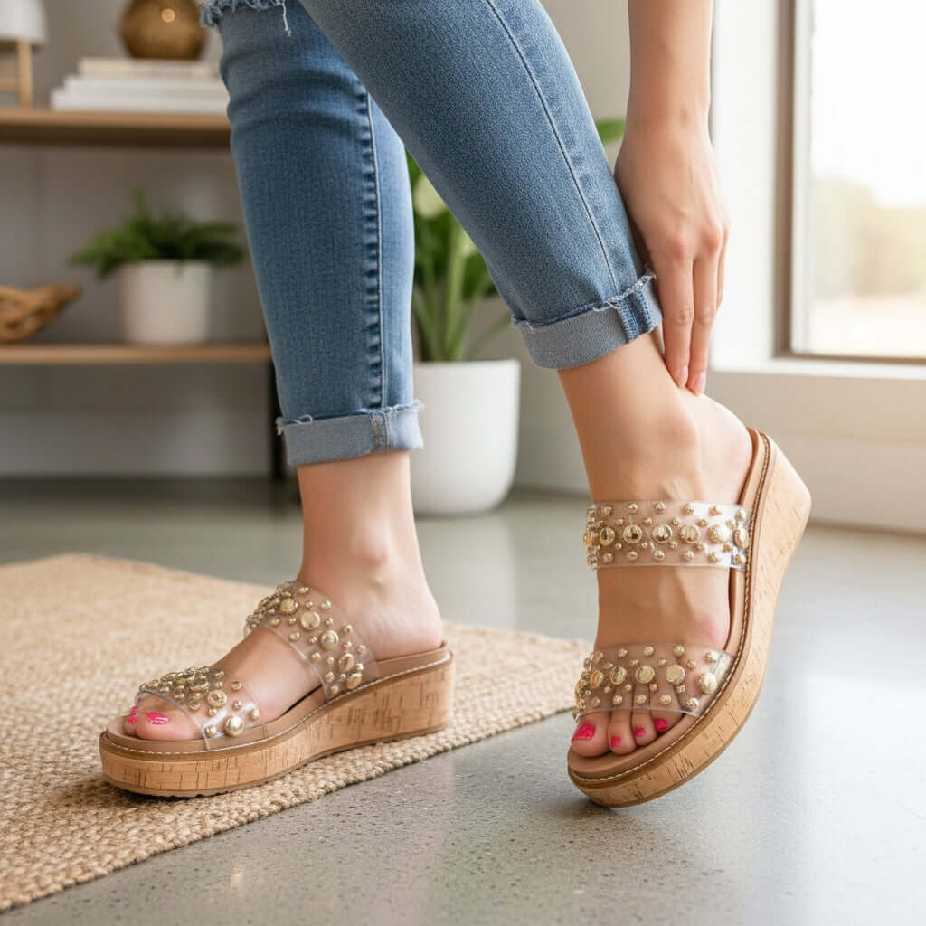 CORKYS - YES PLEASE CLEAR/GOLD WEDGES with gold studs and a 2-inch heel, styled with blue jeans in modern home decor.