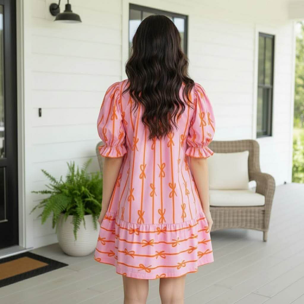 Back view of woman wearing the RIBBONS OF GRACE DRESS - Umgee with playful ribbon print in warm tones.