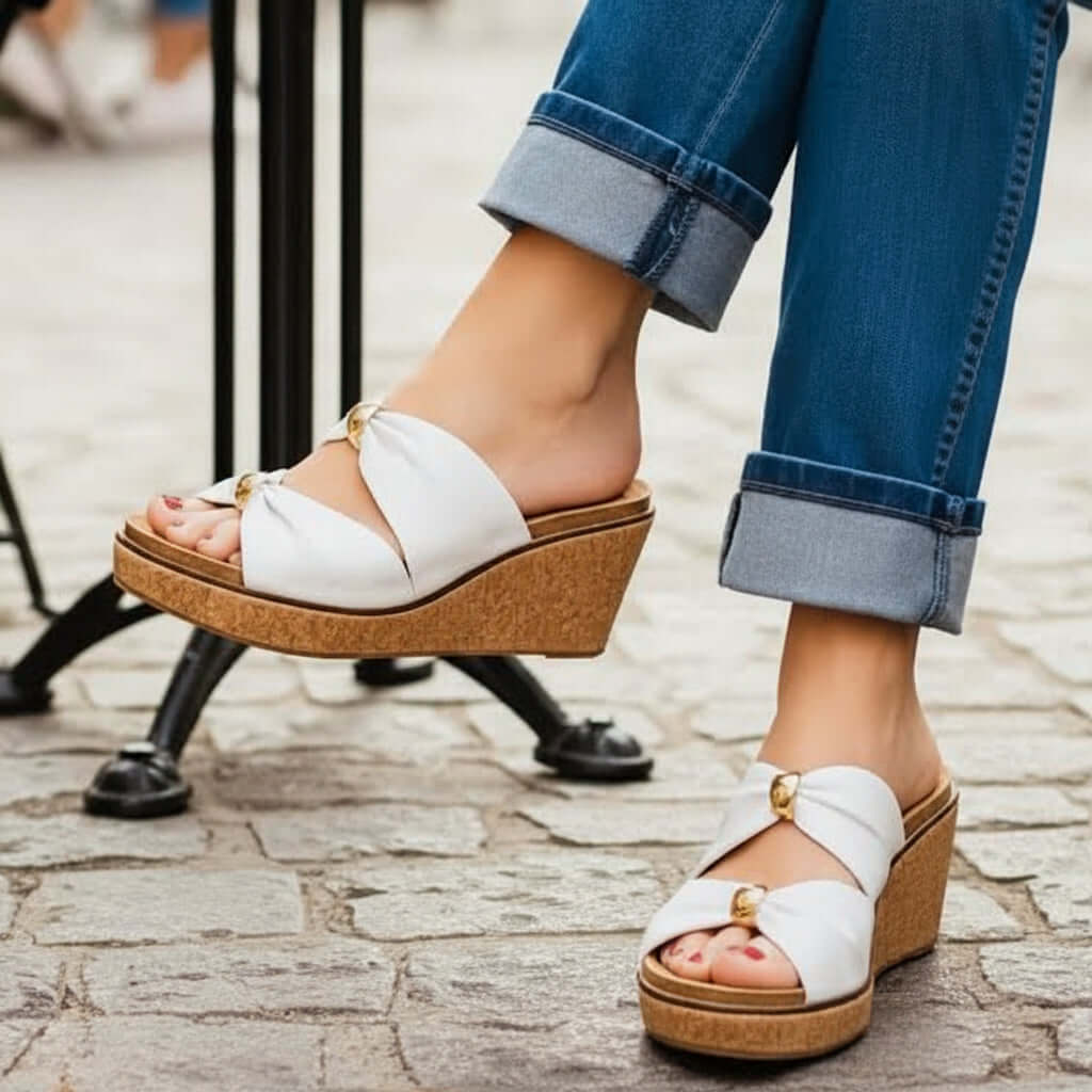 CORKYS - MISS UNDERSTOOD WEDGES in ivory with double bow detail, showcasing stylish slip-on design and cork wedge heel.