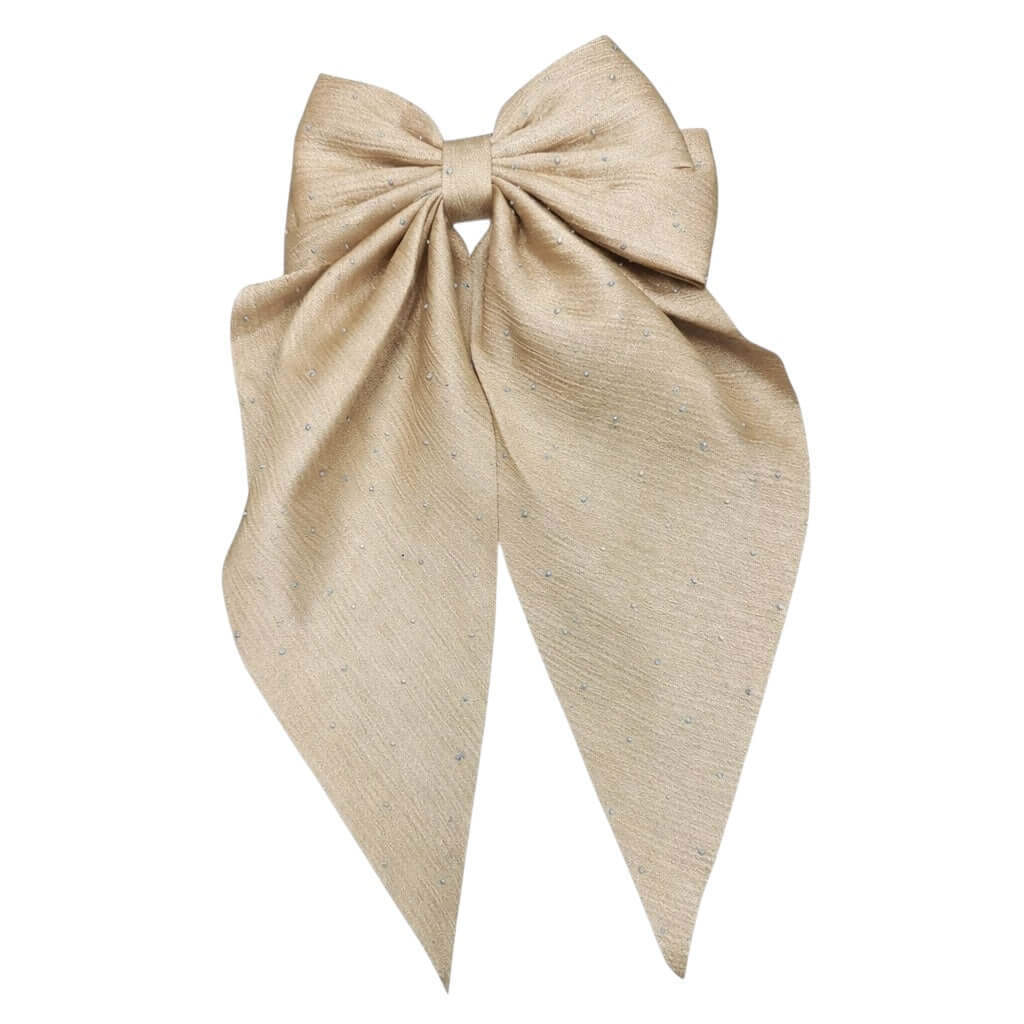 DAZZLE DARLING HAIR BOWS (6 colors) in soft beige fabric with rhinestone accents for a stylish touch.