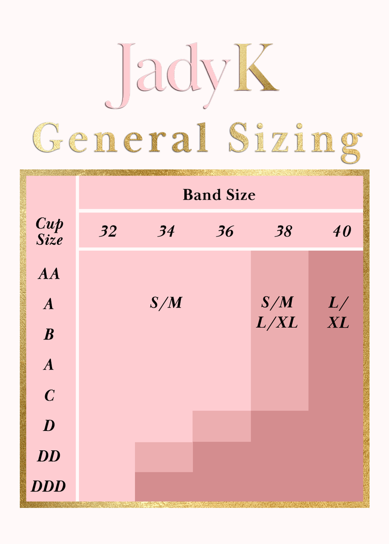 JadyK general sizing chart for bralettes, showing recommended sizes for different cup and band sizes.
