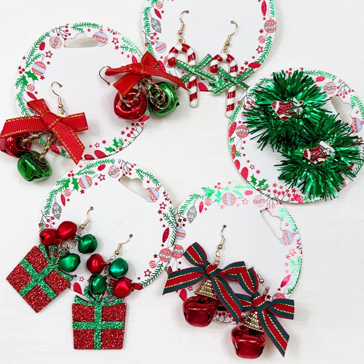 Christmas Theme Dangle Earring Set featuring assorted festive designs including gifts and bells.