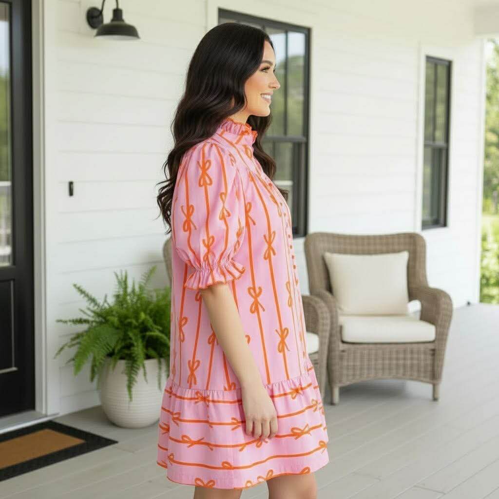 Model wearing RIBBONS OF GRACE DRESS - Umgee, showcasing scalloped neckline and playful ribbon print.