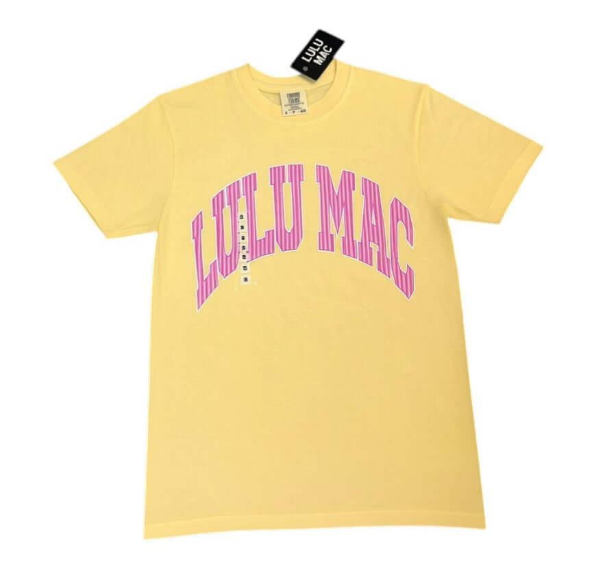 LULU MAC BUTTER & PINK STRIPES COMFORT COLOR TEE in yellow with bold pink 'LULU MAC' lettering.