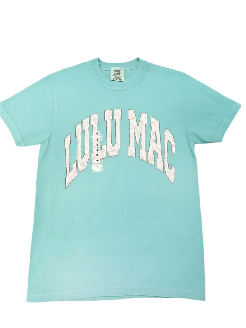 LULU MAC MINERAL AQUA & CAMO COMFORT COLOR TEE in a fresh mineral aqua base with bold lettering.