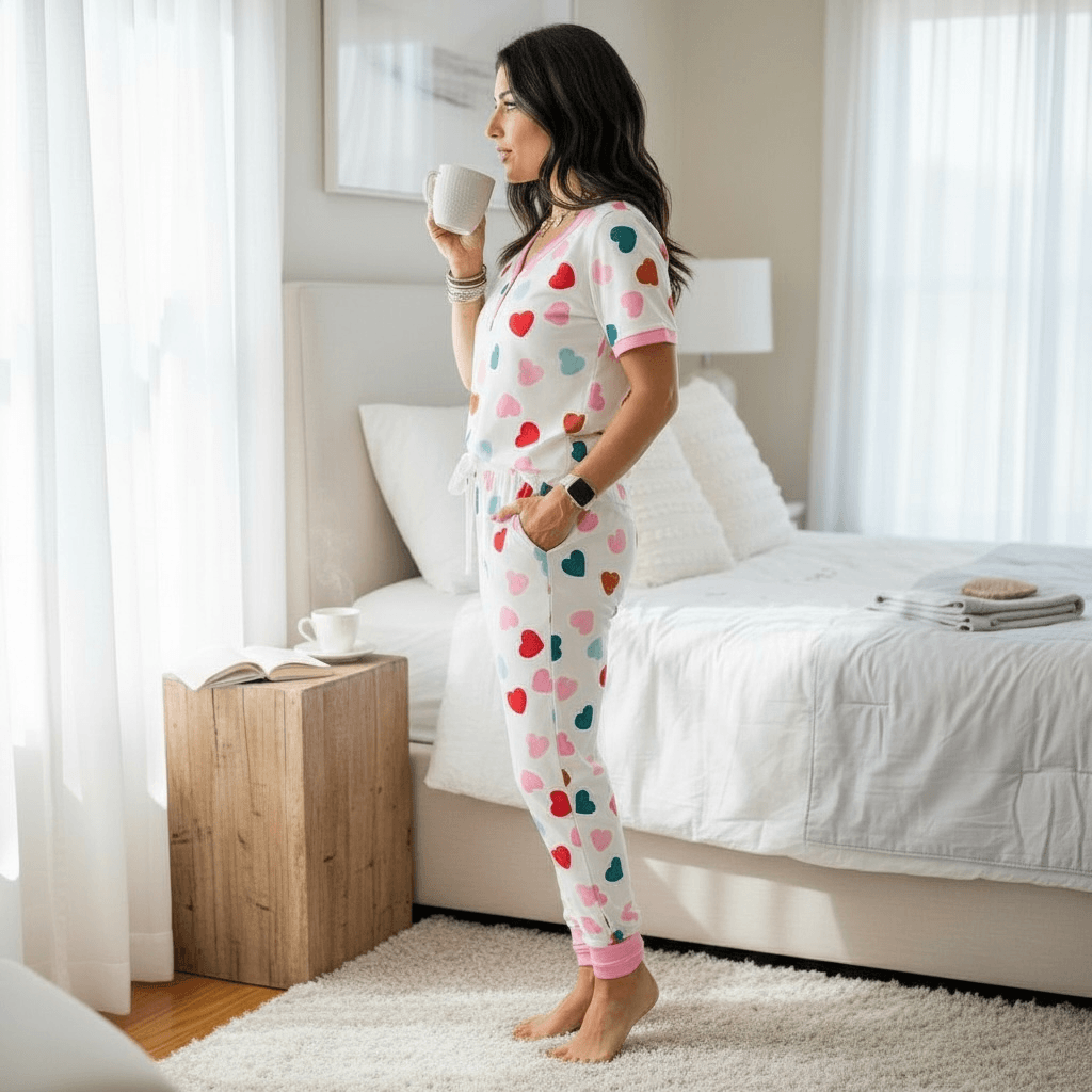 Woman enjoying coffee in bed wearing SWEET TALK PAJAMAS by Shirley & Stone with multicolor heart print.