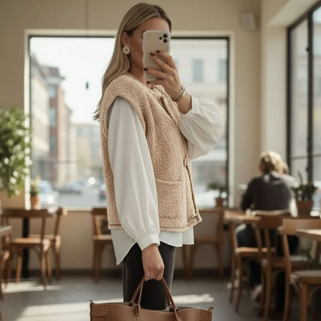 Woman wearing CLASSIC COMFORT SHERPA VEST in light French beige, styled with a white blouse and carrying a handbag.
