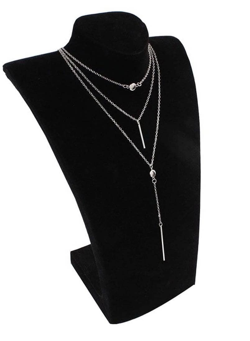 Path Taken Necklace Set featuring three-tier design of minimalist bars and polished discs in silver tone.
