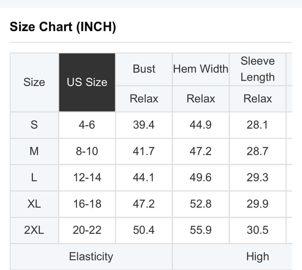 Size chart for FINDING TIME (indigo) long sleeve top with measurements.