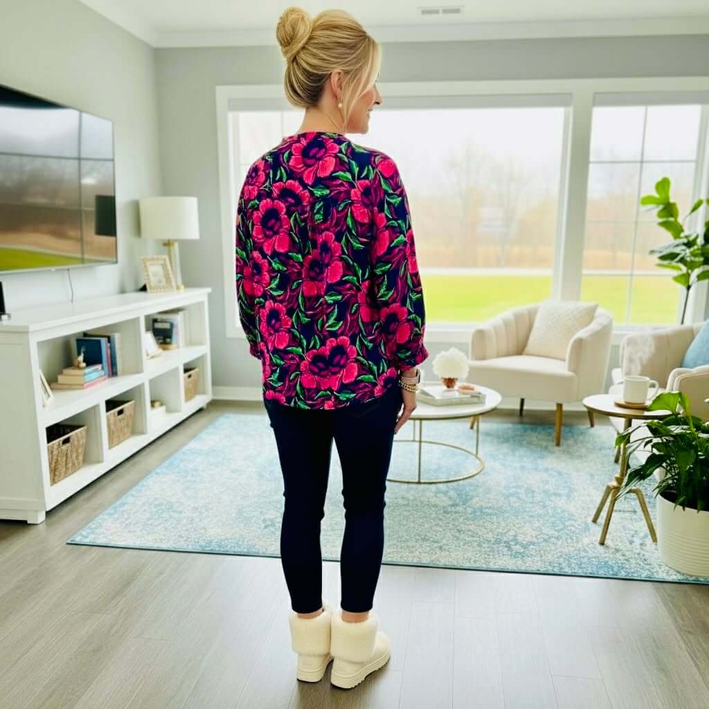 Back view of woman wearing SIENNA LOVESTRUCK TOP by Michelle McDowell with vibrant pink floral print.