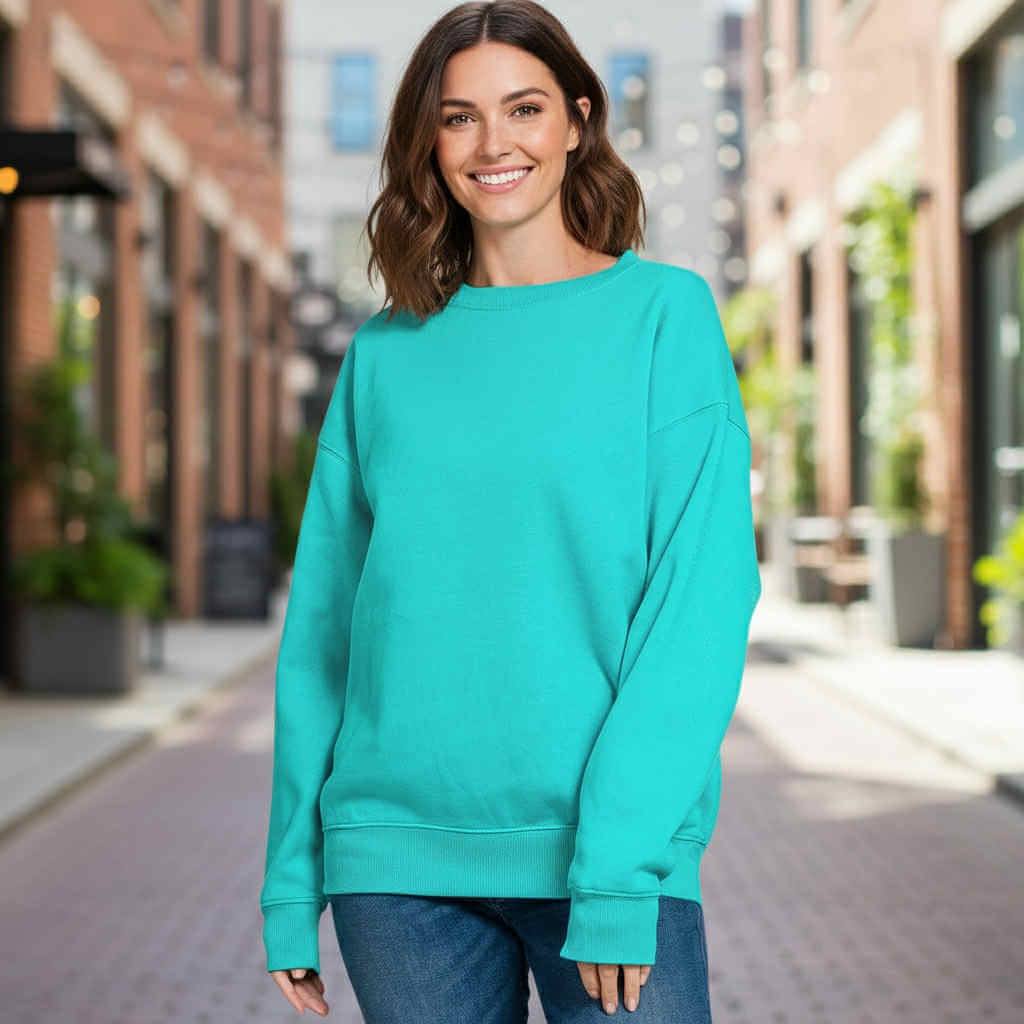 BAYSHORE BLISS CREWNECK - ZENANA fleece pullover in turquoise, perfect for cozy comfort and stylish layering.