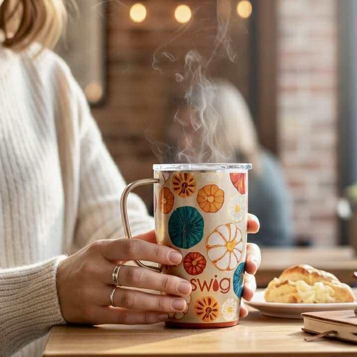 SWIG FALL HARVEST TRAVEL MUG 18 oz. steaming mug on a table with baked goods, perfect for fall adventures.