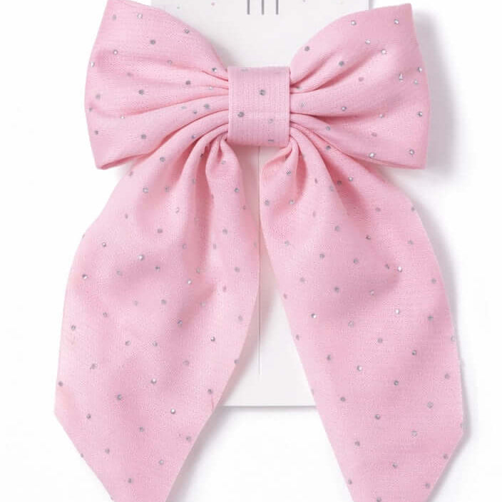 SUGAR SPARKLE HAIR BOWS (2 colors) in pink with tiny rhinestones for a feminine hairstyle.