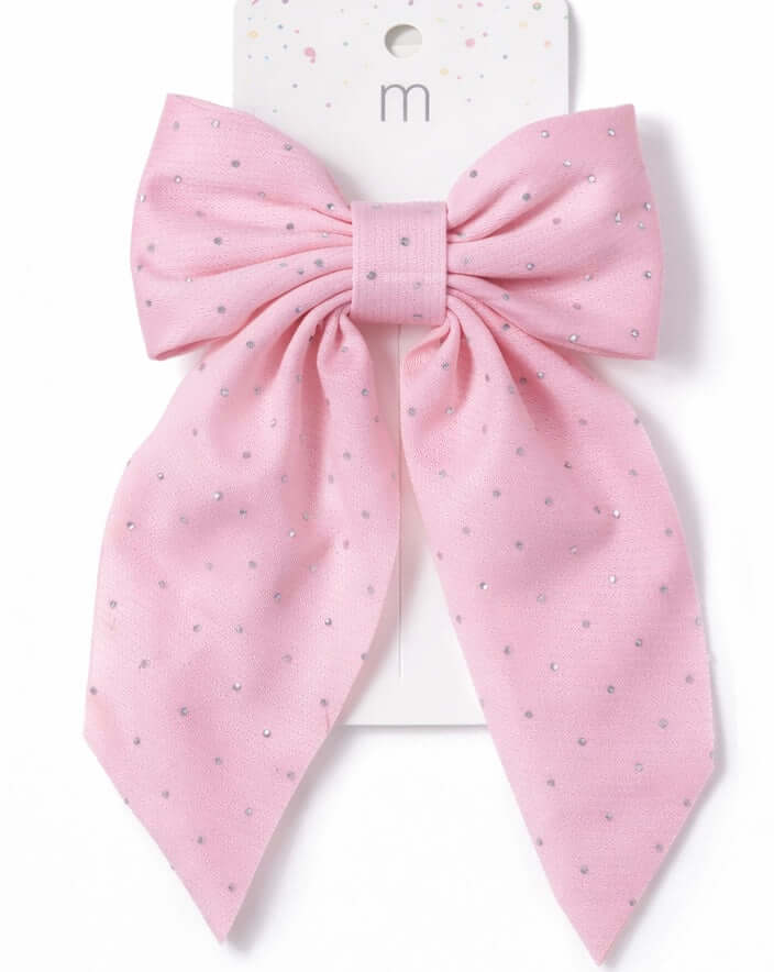 SUGAR SPARKLE HAIR BOWS (2 colors) in pink with tiny rhinestones for a feminine hairstyle.
