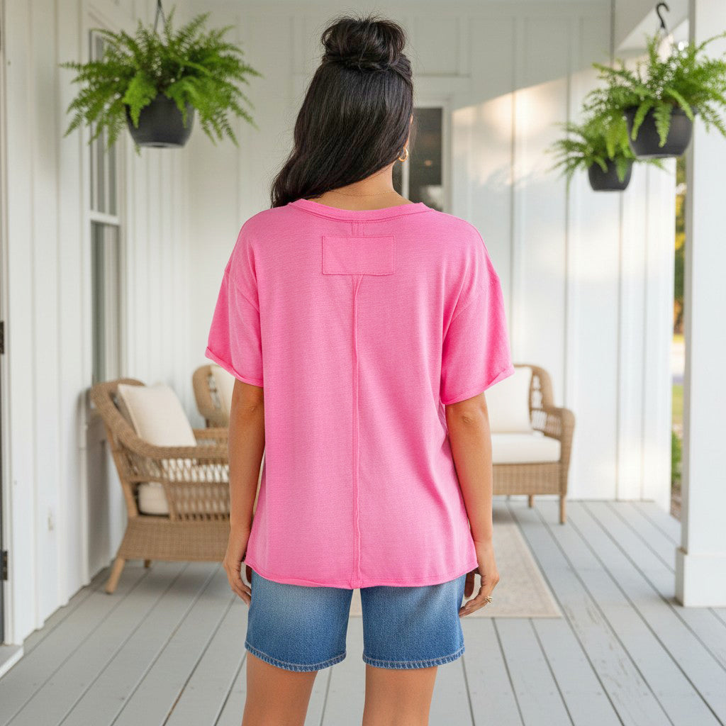 FEEL GOOD FAVE TOP - Andree' (pink) showcasing soft mineral wash finish and casual style.