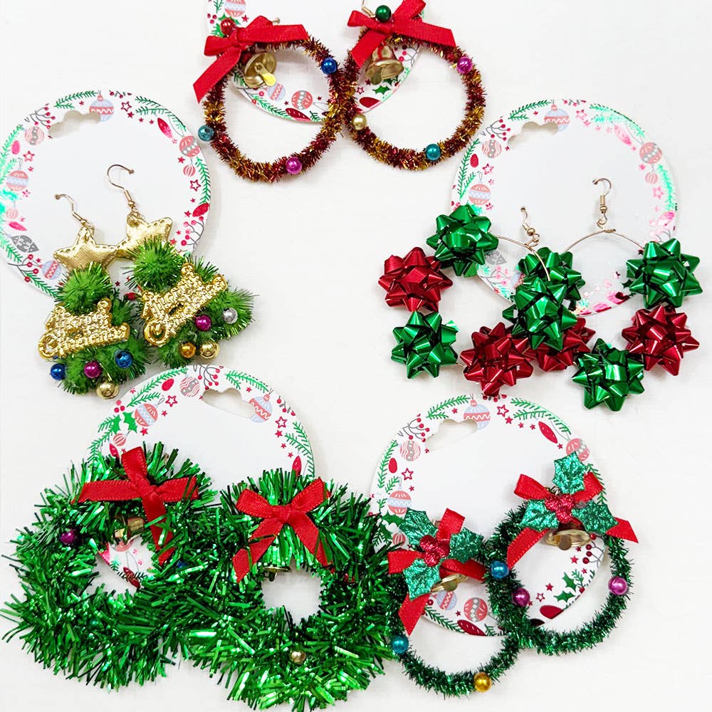 Christmas Theme Dangle Earring Set featuring festive designs like wreaths and ornaments in vibrant colors.