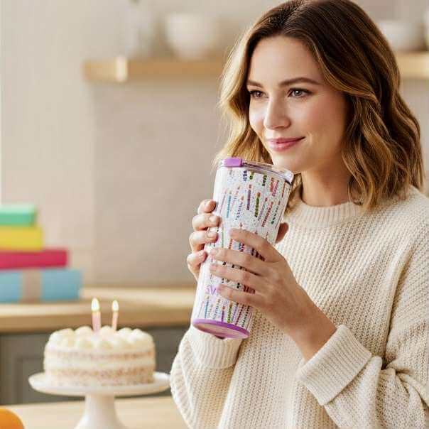 Woman enjoying a drink from the MAKE A WISH 22 oz - SWIG tumbler, surrounded by birthday cake and colorful decorations.