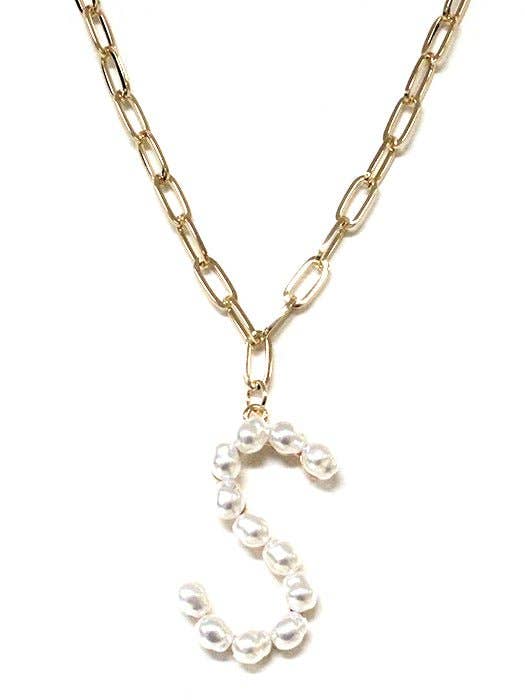 Elegant gold-tone monogram necklace with freshwater pearls, personalized jewelry by Avenue Zoe.