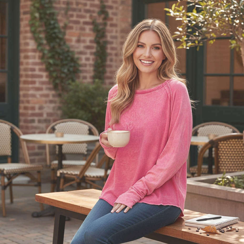 Coastline Calm - Zenana (fuchsia) model enjoying coffee in a cozy outdoor setting, showcasing the soft mineral wash fabric.