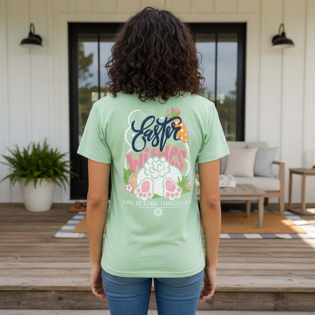 EASTER WISHES TEE - Girlie Girl Orginals displayed on a model in mint color, ideal for Easter celebrations and spring days.