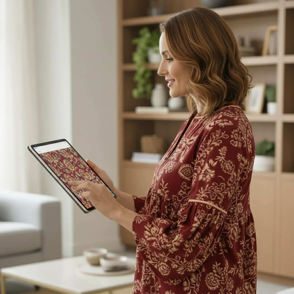 TIMELESS CHARM - Umgee (burgundy) top styled with a floral pattern, worn by a woman checking a tablet.