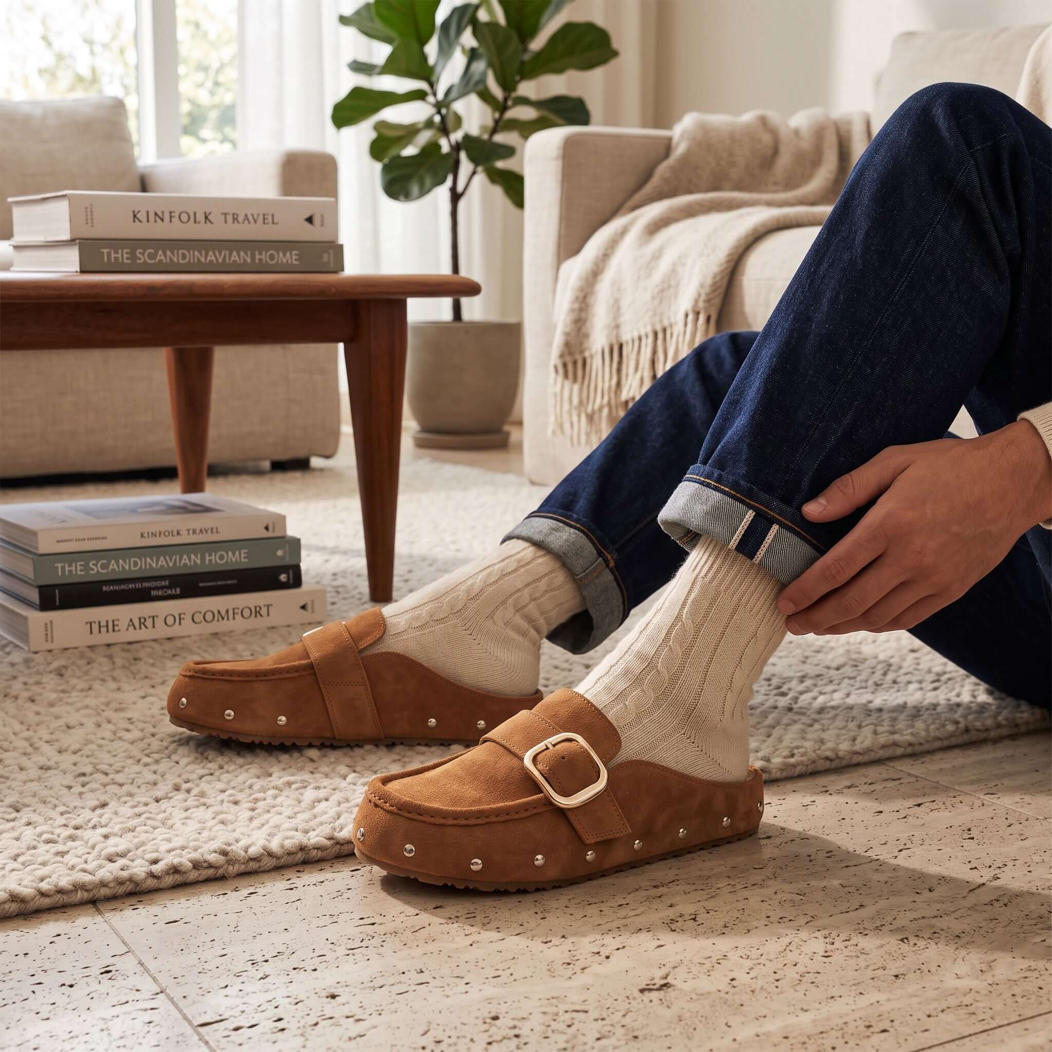 A person wearing CIDER SEASON SLIP-ONS with cozy socks, styled with denim, showcasing warm fall fashion.