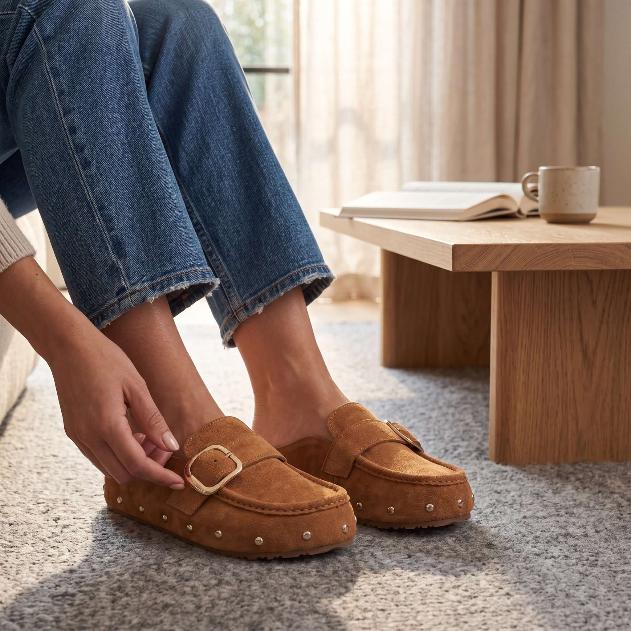 CIDER SEASON SLIP-ONS by Forever Shoes in warm cider-colored finish worn with denim in cozy indoor setting.