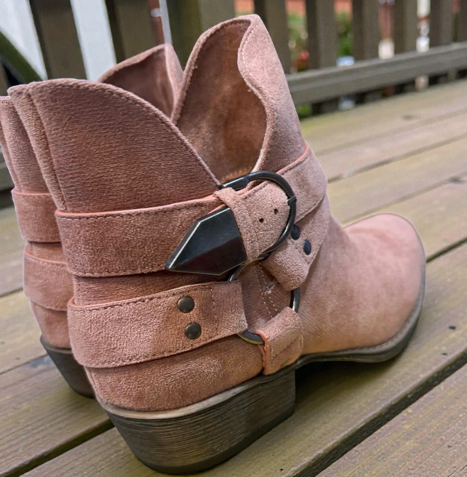 Back view of VERY G CAROLINA ANKLE BOOT in rose tan suede, featuring stylish side buckle and zip-up design.