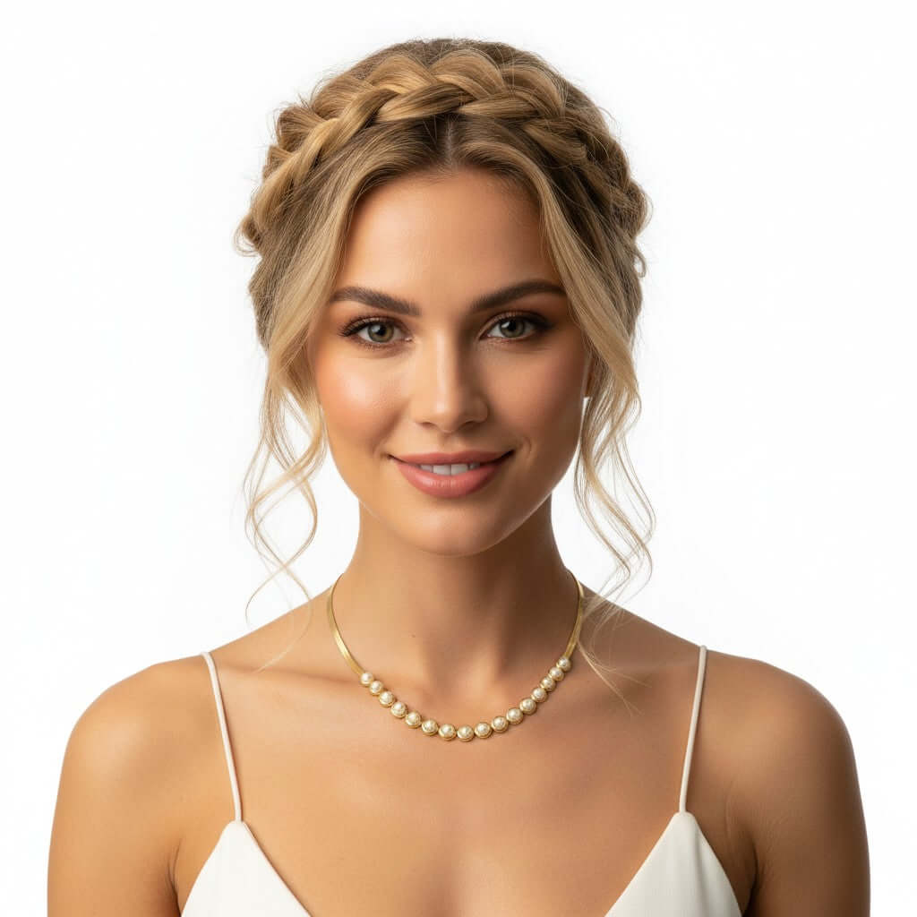 Close-up of a woman wearing the PEARLS OF WISDOM NECKLACE with classic pearls and a golden accent.