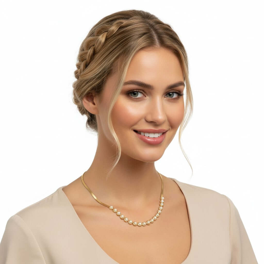 Elegant model wearing PEARLS OF WISDOM NECKLACE featuring pearls and 18K gold-plated stainless steel.