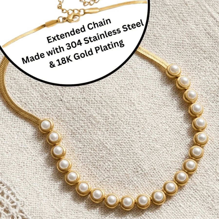 PEARLS OF WISDOM NECKLACE featuring classic pearls and 18K gold plating on a stainless steel chain.