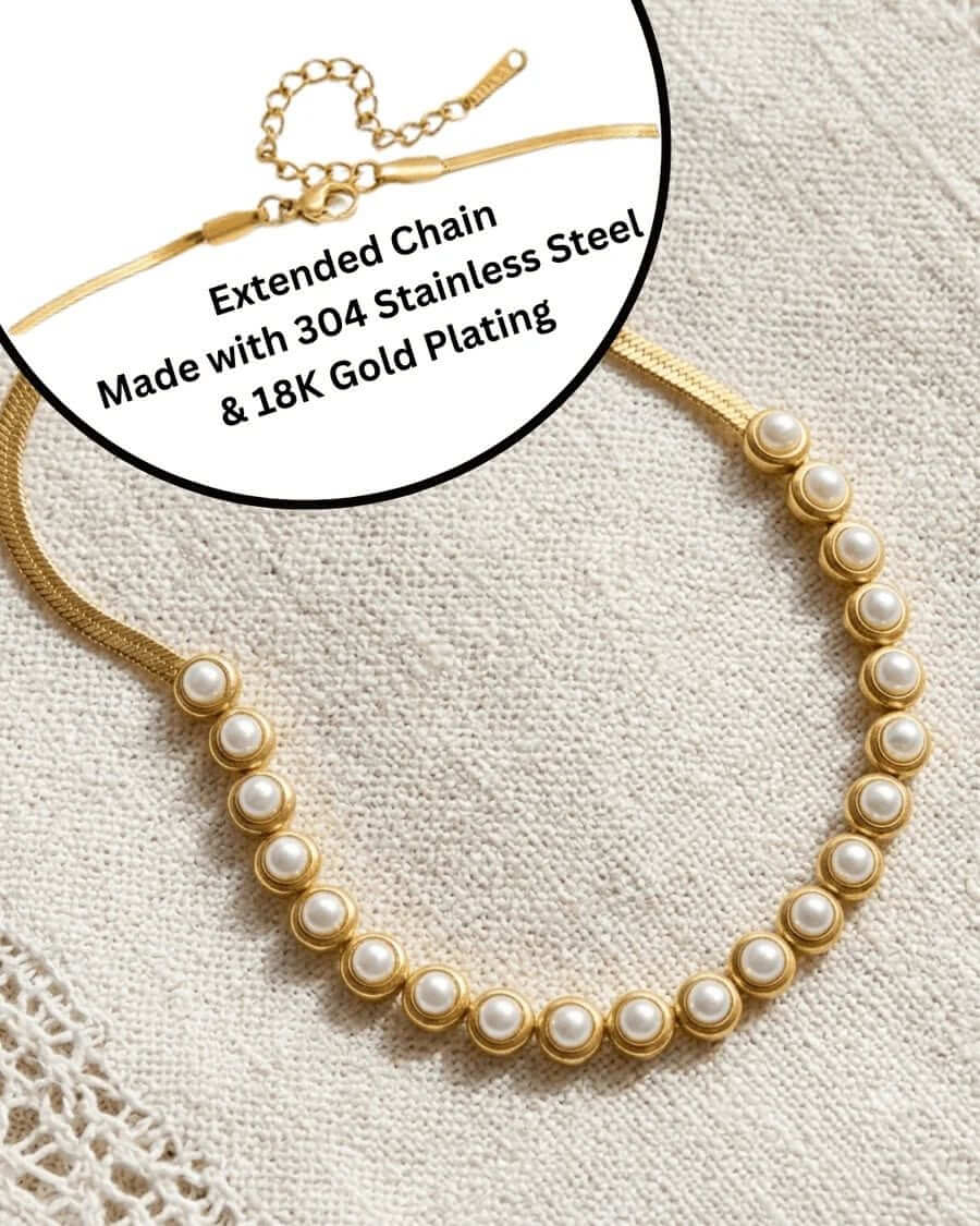 PEARLS OF WISDOM NECKLACE featuring classic pearls and 18K gold plating on a stainless steel chain.