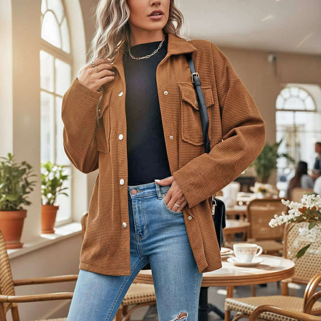 Woman wearing AMBER WOODS JACKET with flap pockets and a drop shoulder design, styled in a cozy café setting.