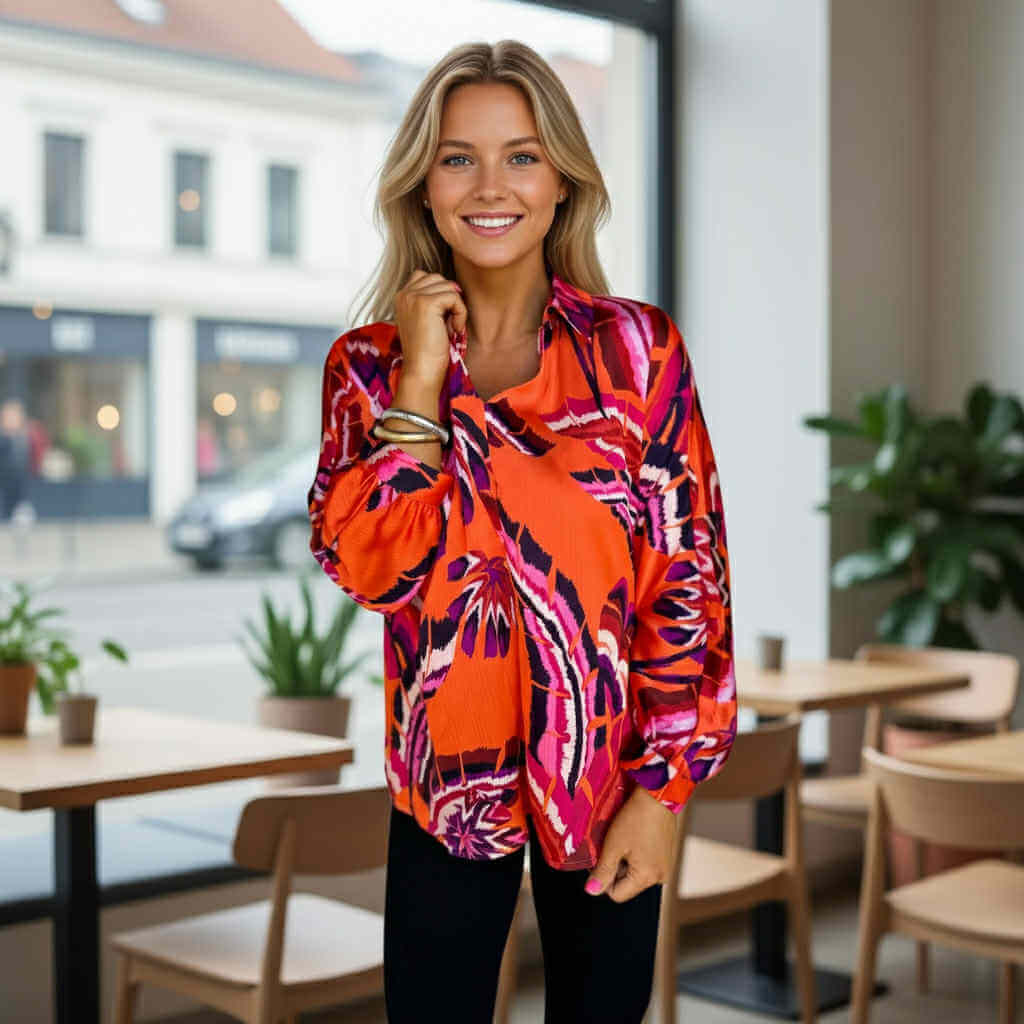 Model wearing the LAVA LUXE BLOUSE - JODIFL in vibrant colors, showcasing its silky fabric and stylish design.