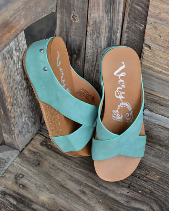 Teal platform wedge sandals by Very G with faux leather straps and cork heel, perfect for all-day comfort.