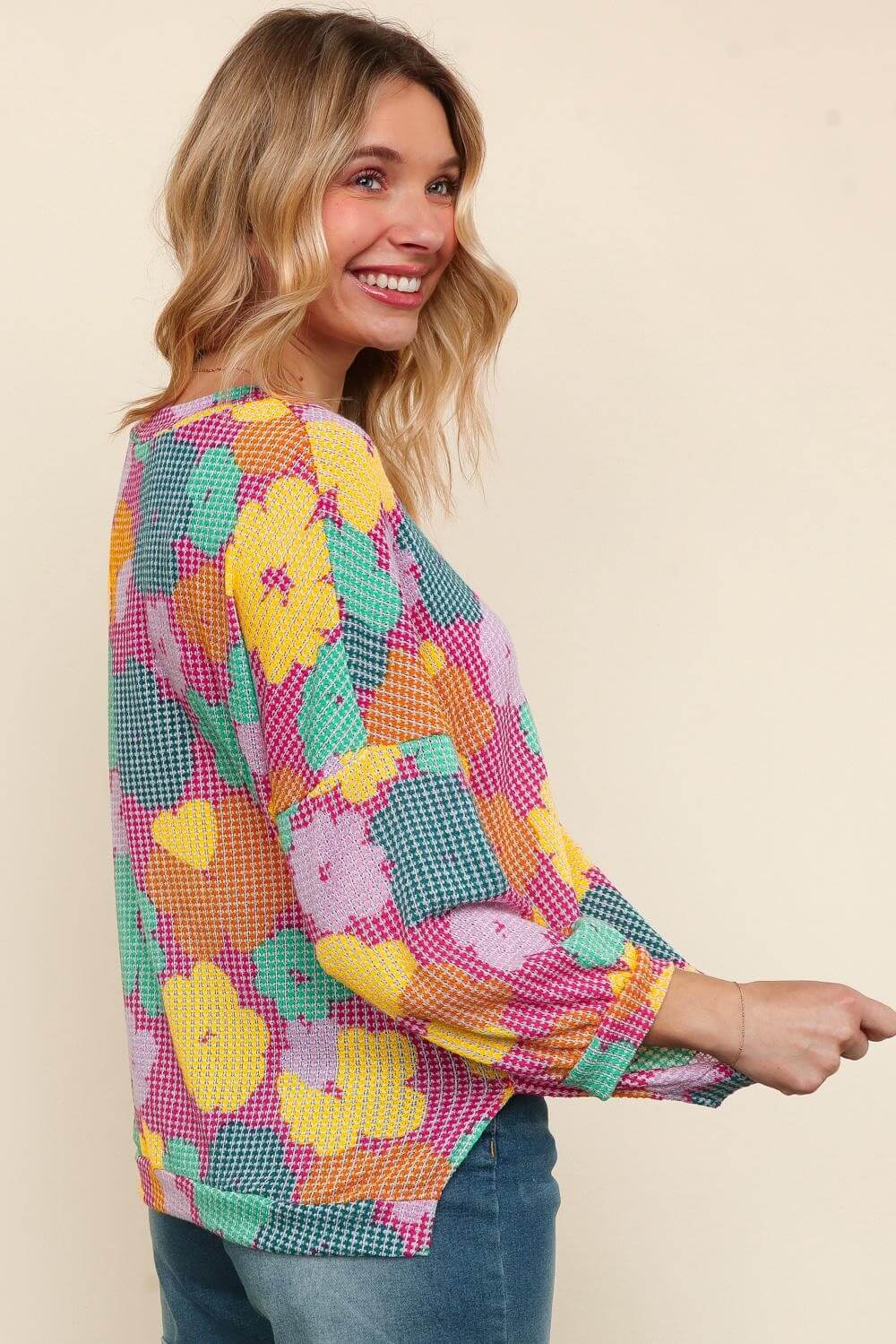 Happy Daze Top by Haptics featuring a colorful floral print and relaxed three-quarter sleeves.