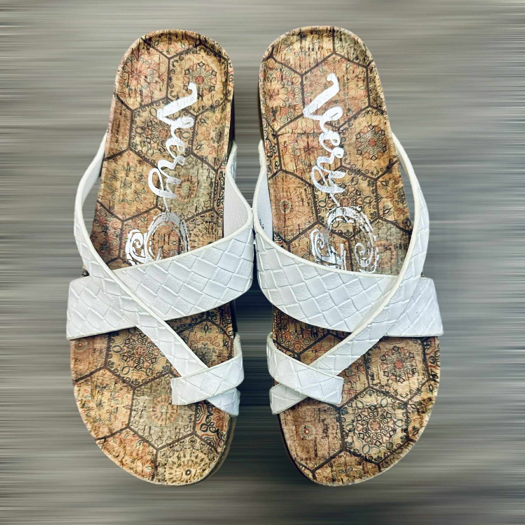 Better Be Me Sandals by Very G in woven ivory, featuring crisscross straps and a comfortable toe-loop design.